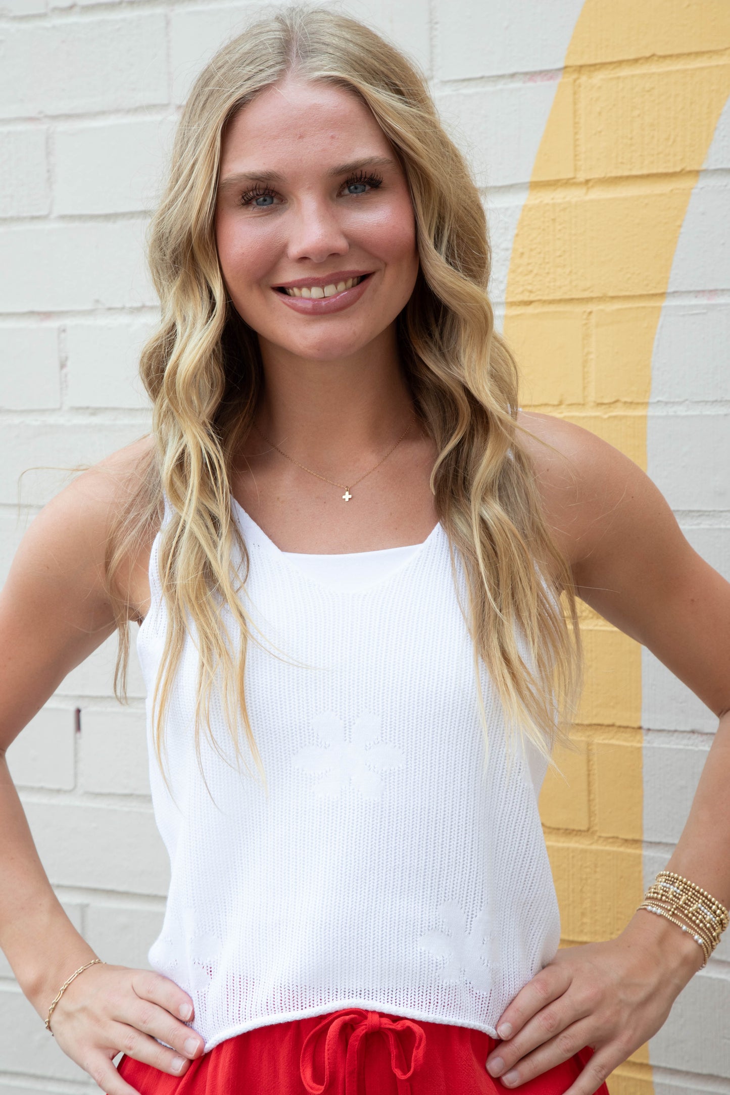  Alexa Floral Knit Sleeveless Top, White