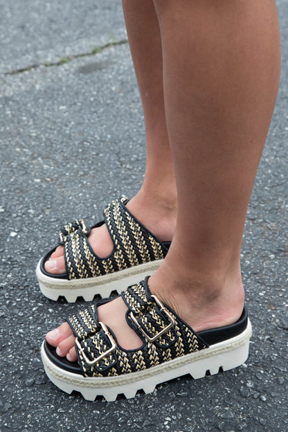  Xyla Double Buckle Platform Sandal, Black Woven | ShuShop