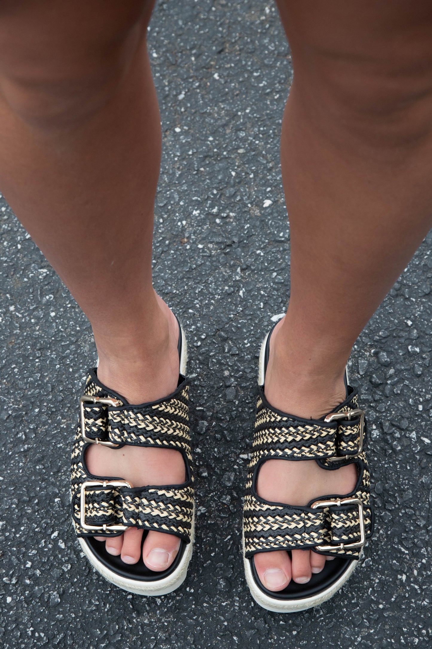  Xyla Double Buckle Platform Sandal, Black Woven | ShuShop