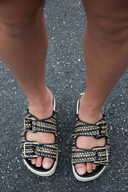  Xyla Double Buckle Platform Sandal, Black Woven | ShuShop