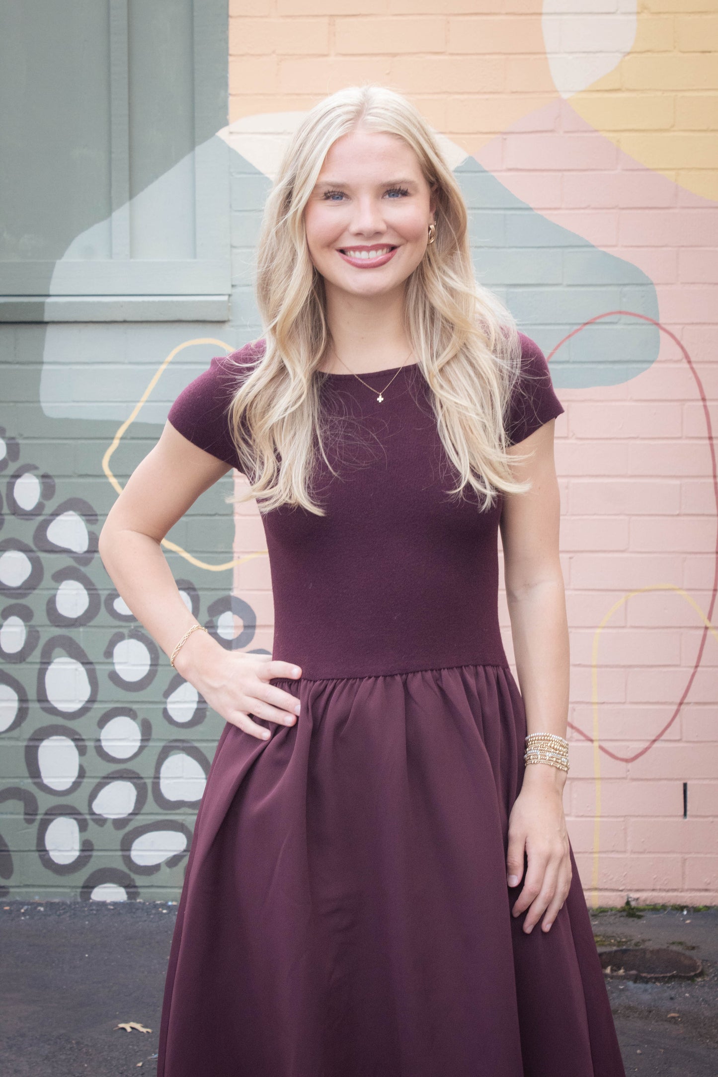  Lillian Woven Knit Mix Dress, Maroon