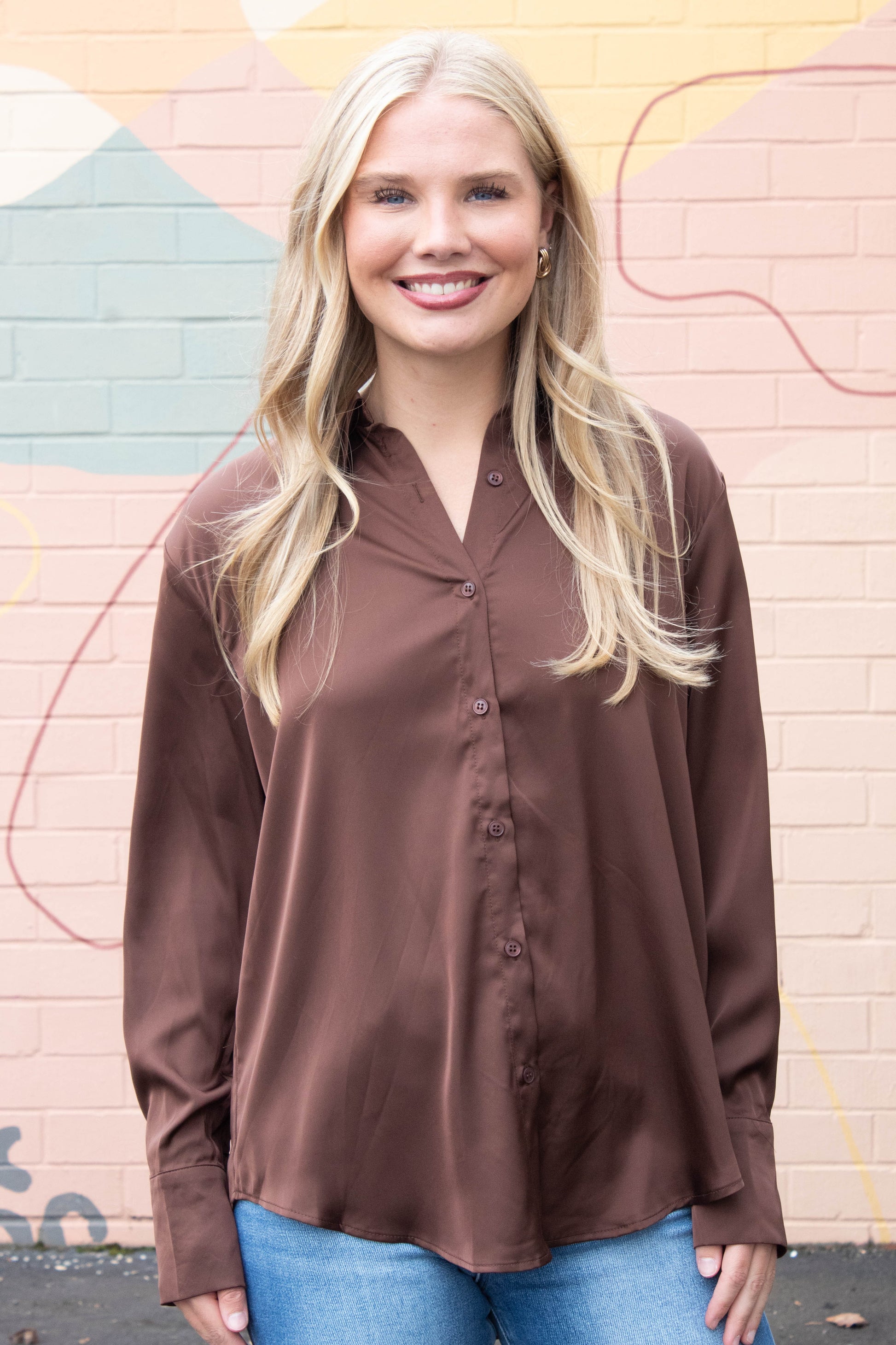  Valentina Silky Button Down Top, Dark Oak