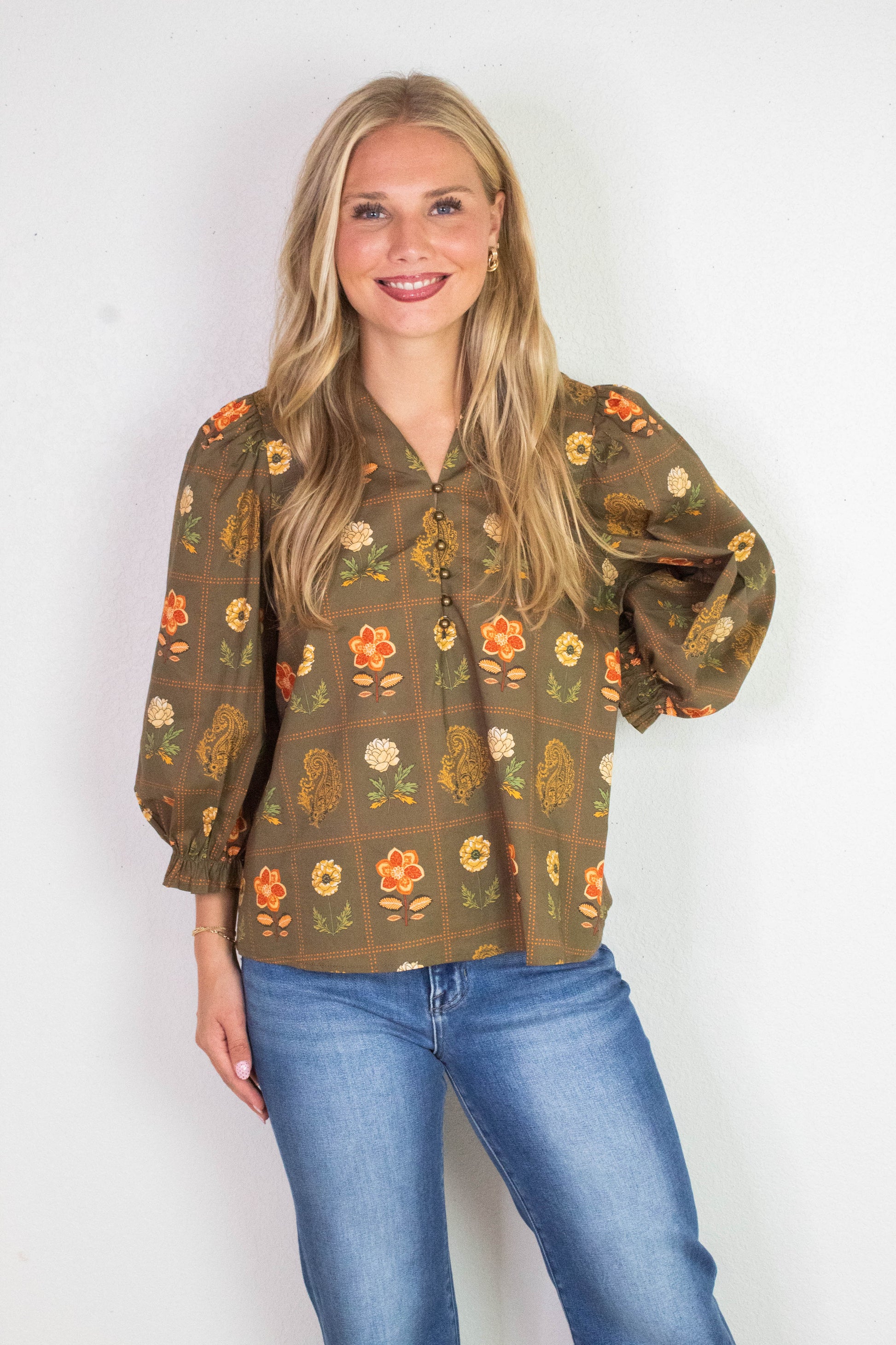  Emilia Floral Print Ruffle Detailed Top, Olive