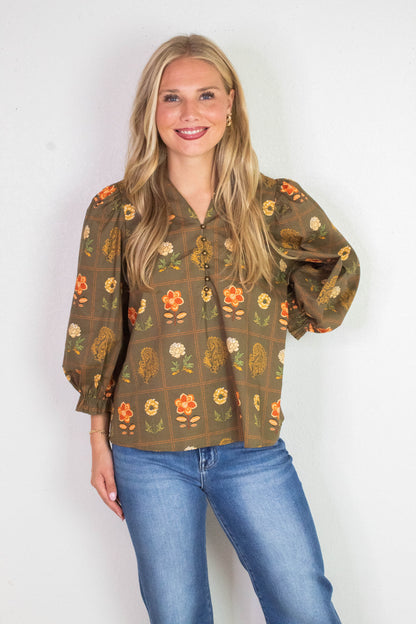  Emilia Floral Print Ruffle Detailed Top, Olive