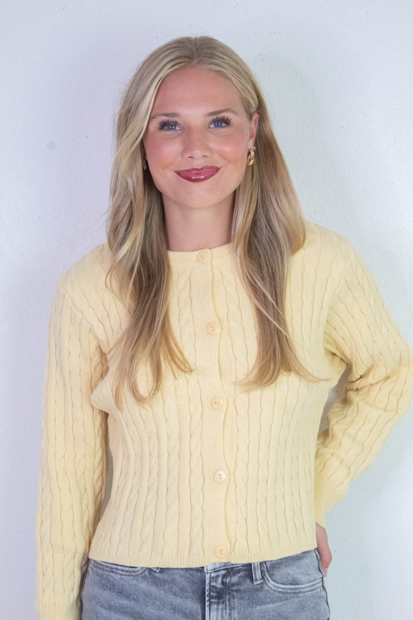  Josephine Cable Knit Boxy Cardigan, Butter