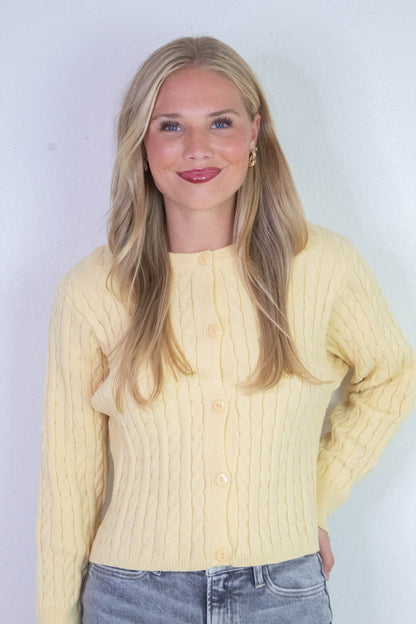  Josephine Cable Knit Boxy Cardigan, Butter