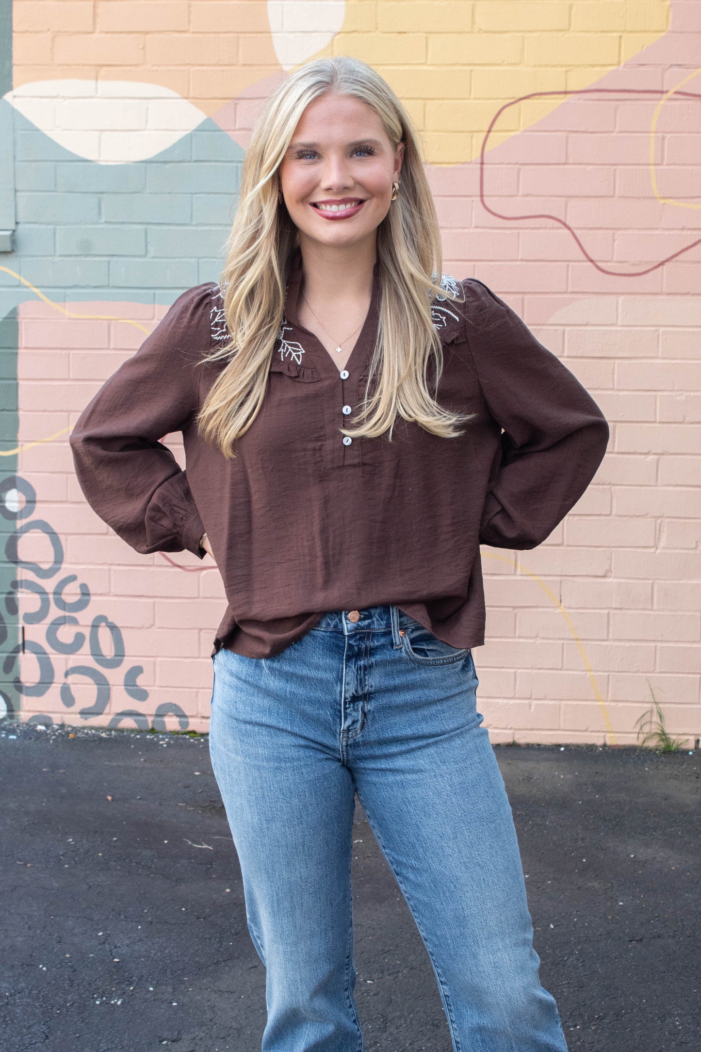  Mary Floral Embroidered Ruffle Neck Top, Brown