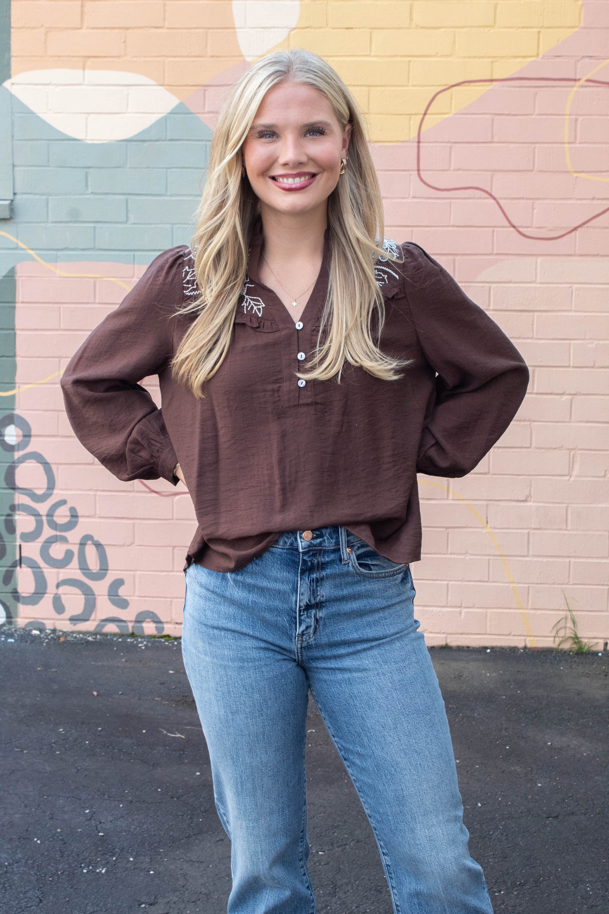  Mary Floral Embroidered Ruffle Neck Top, Brown