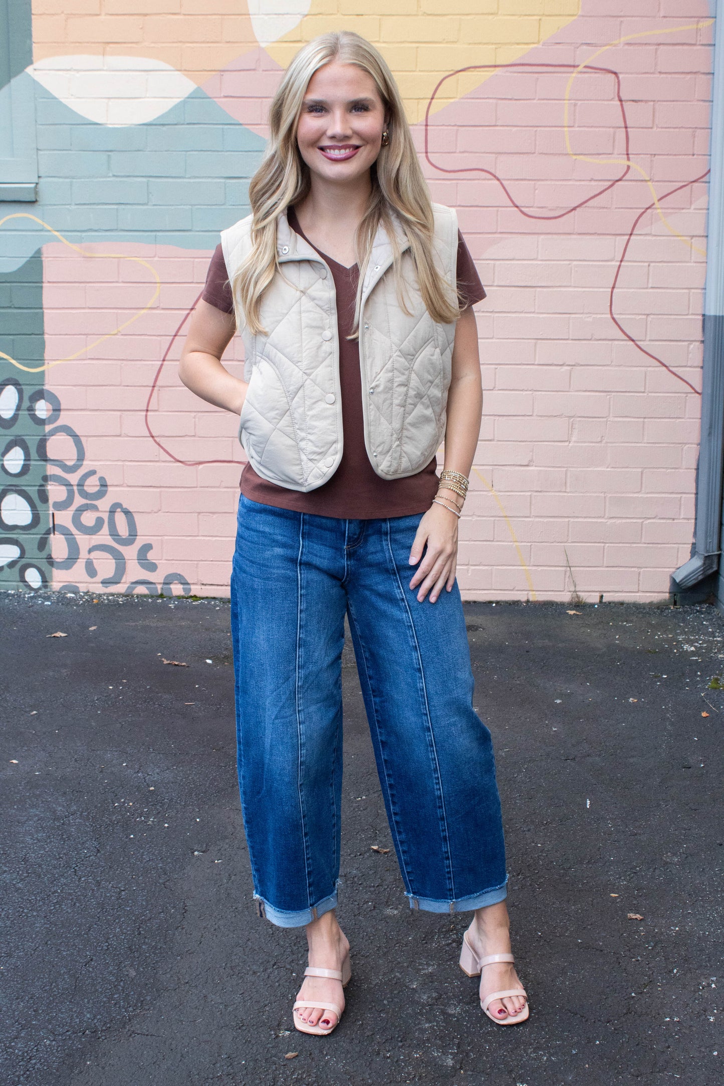  Sara Snap Button Quilted Vest, Khaki