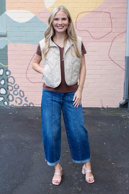  Sara Snap Button Quilted Vest, Khaki