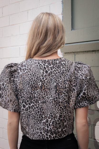  Faye Puff Sleeve Leopard Jacket, Black