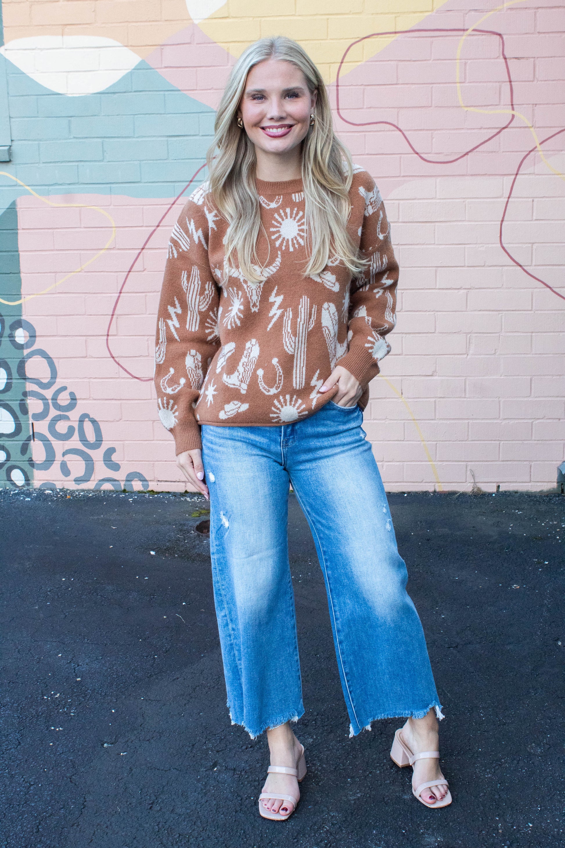  Halle Western Graphic Oversized Sweater, Camel