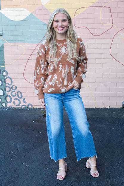  Halle Western Graphic Oversized Sweater, Camel