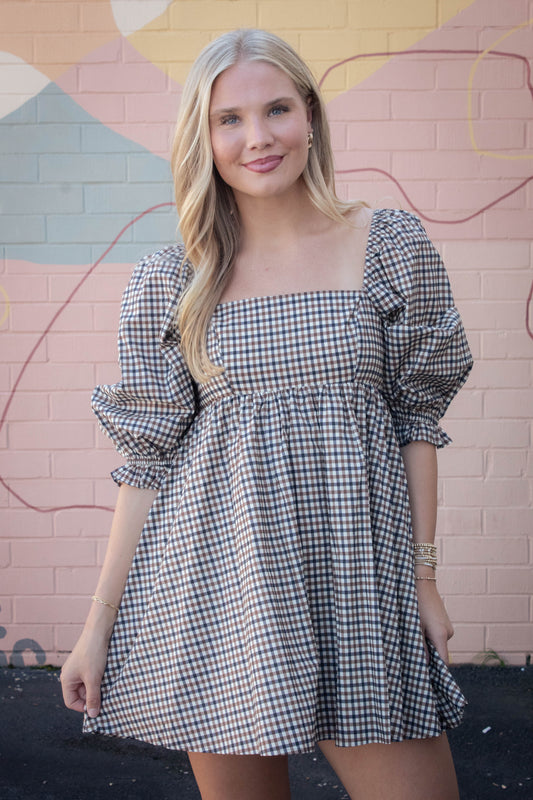  Rumi Square Neck Plaid Mini Dress, Navy/Brown