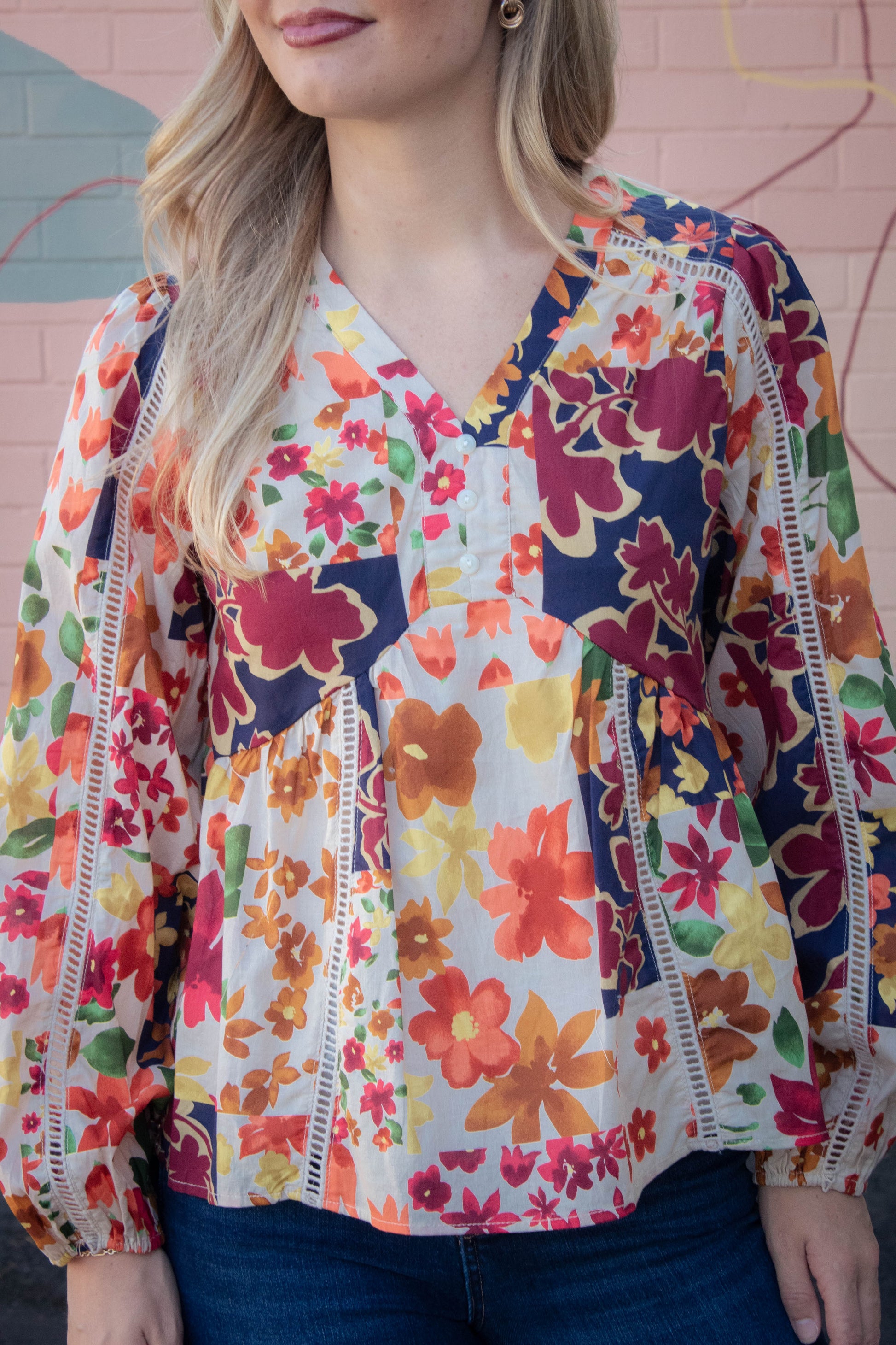  Scarlett Vibrant Patchwork Blouse, Ivory Multi