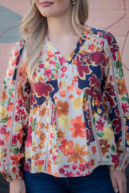  Scarlett Vibrant Patchwork Blouse, Ivory Multi