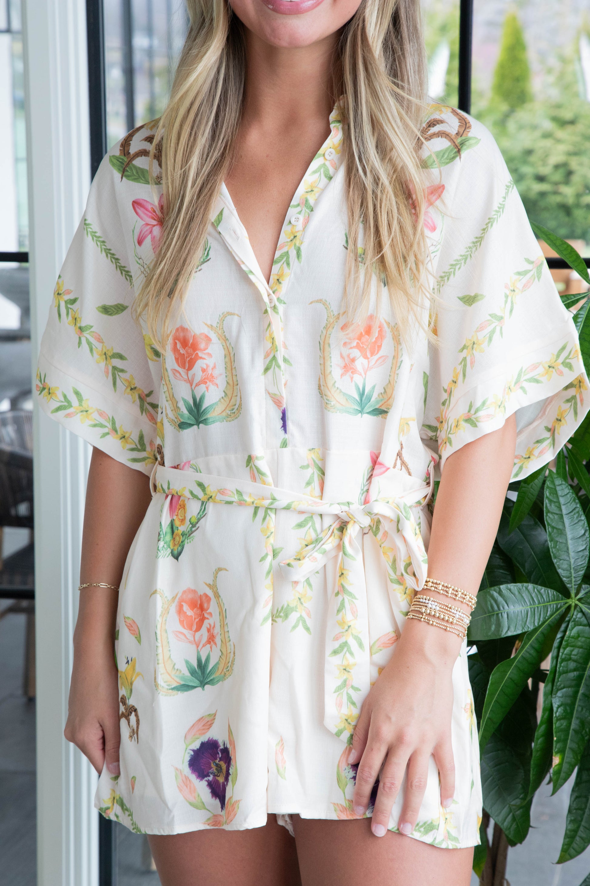  Kayley Floral Shirt Romper, Cream
