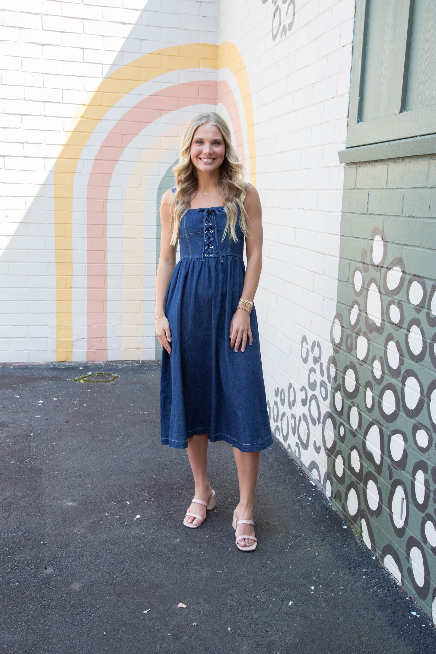  Eliana Lace Up Midi Dress, Denim
