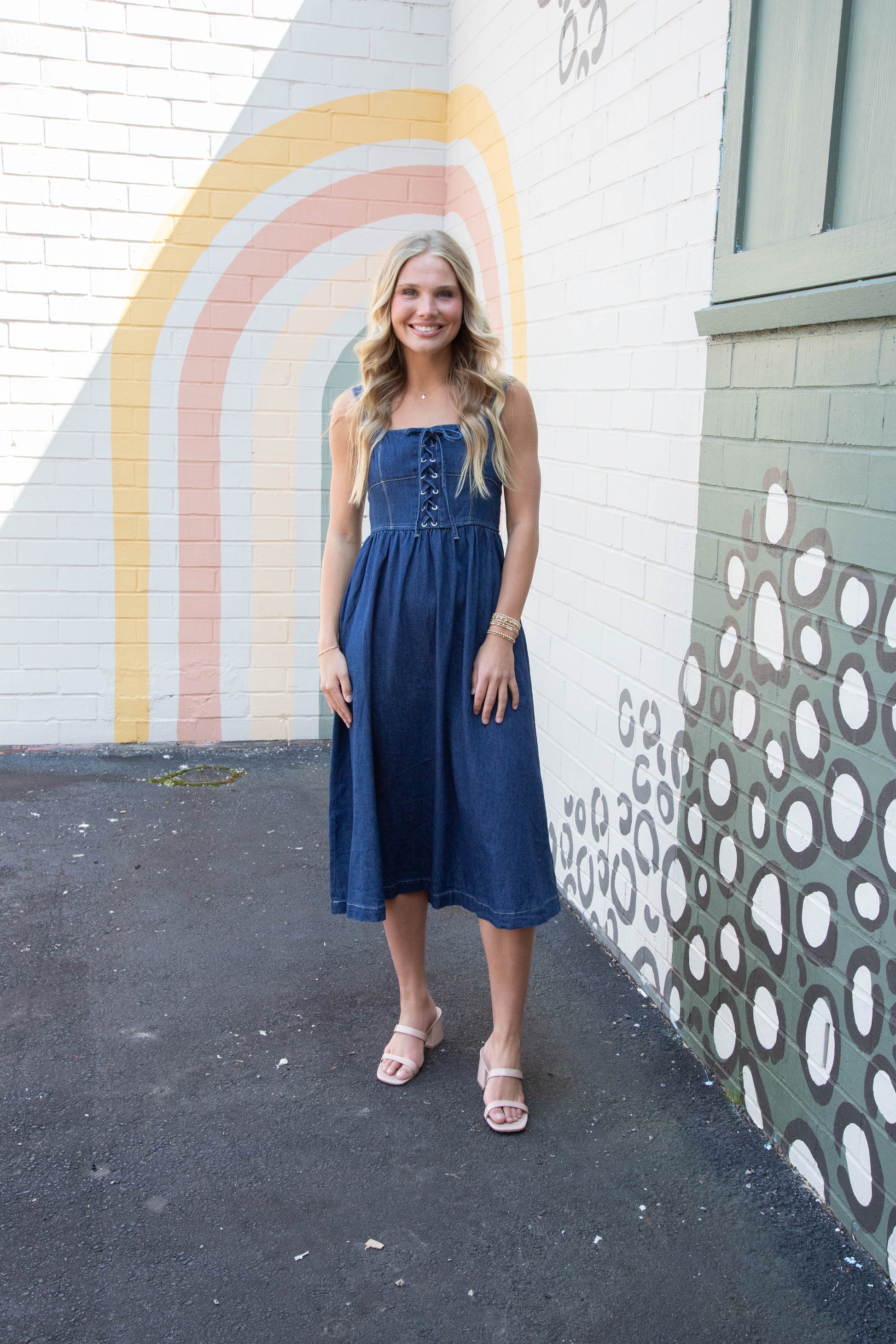  Eliana Lace Up Midi Dress, Denim