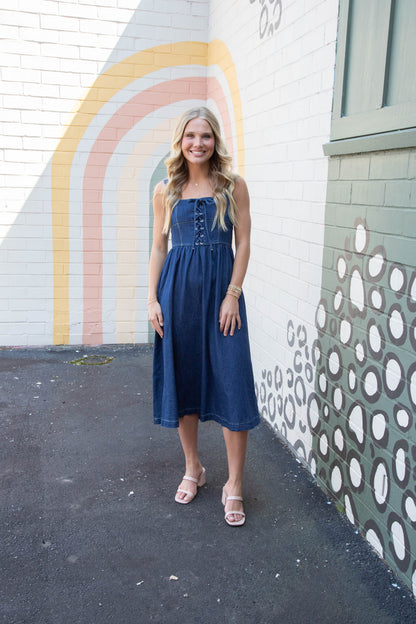  Eliana Lace Up Midi Dress, Denim