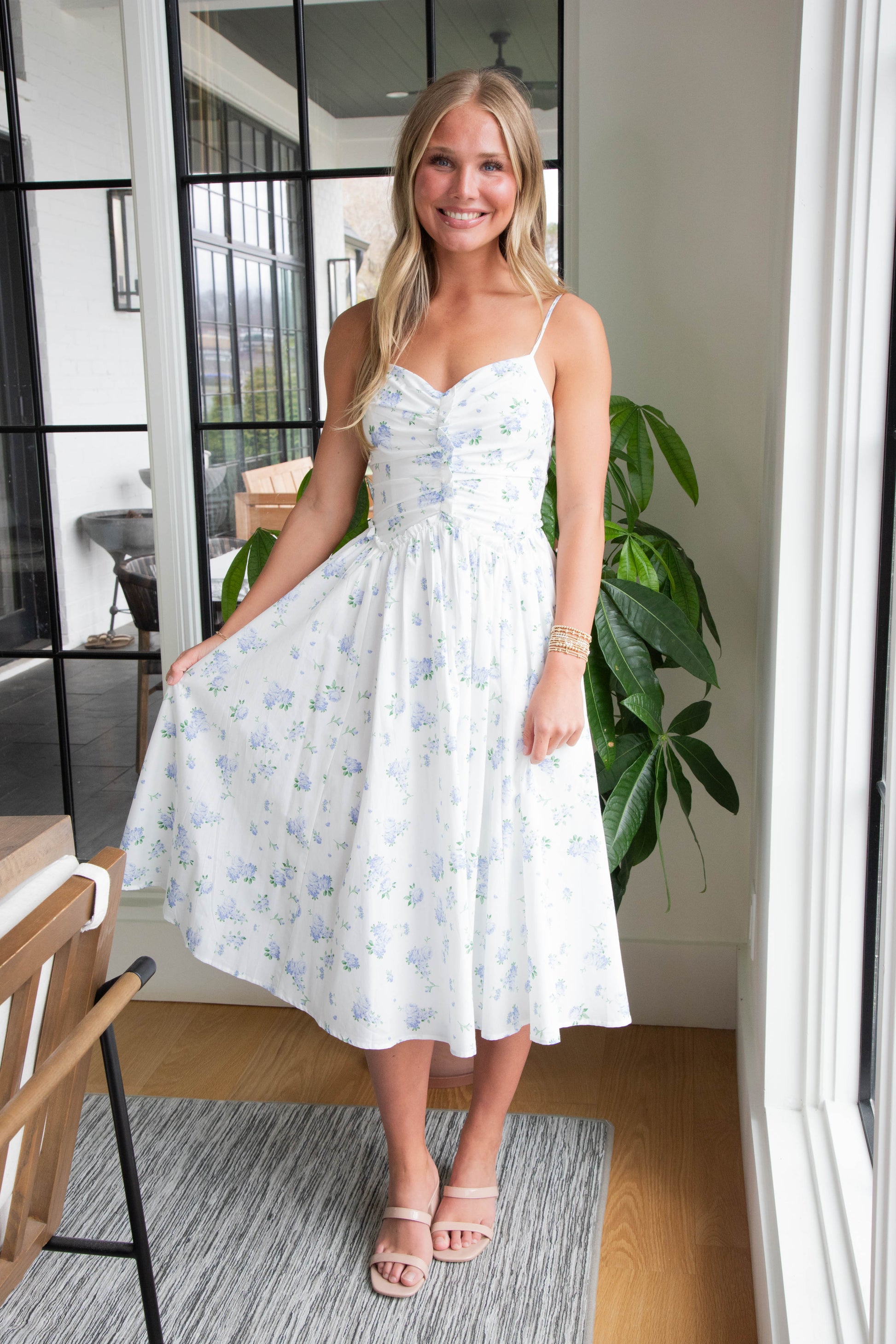  Miller Rose Print A-Line Dress, White/Blue Floral