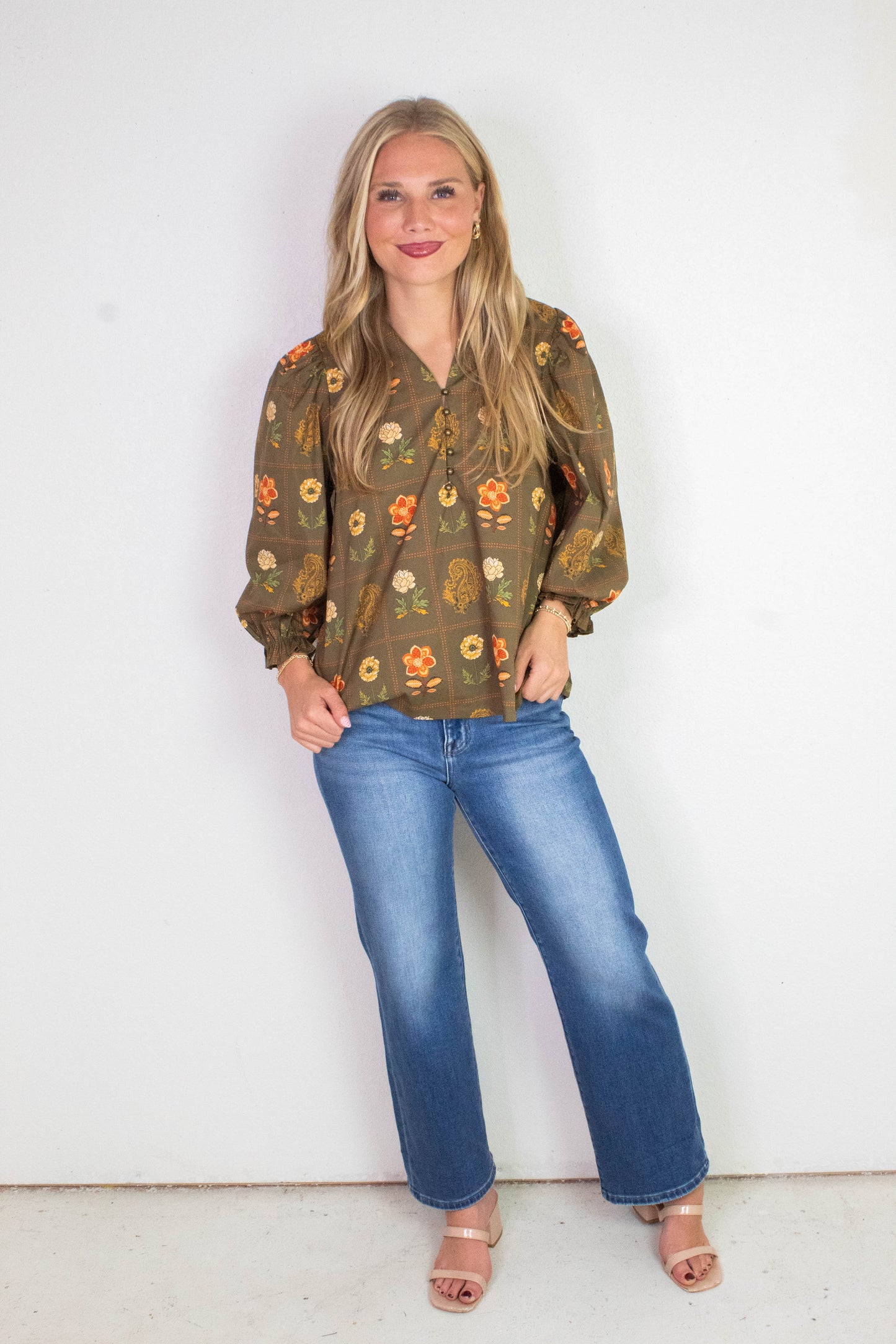  Emilia Floral Print Ruffle Detailed Top, Olive