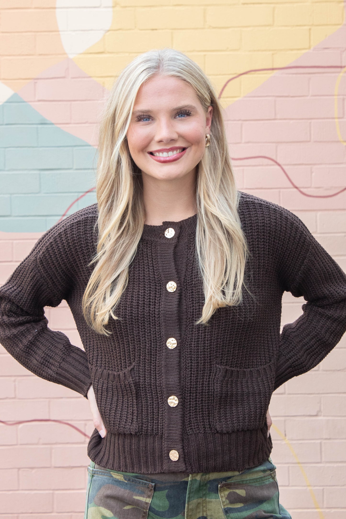  Catalina Metal Button Front Cardigan, Brown