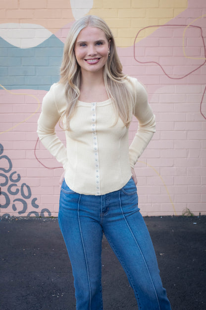  Opal Waffle Knit Snap Button Top, Yellow