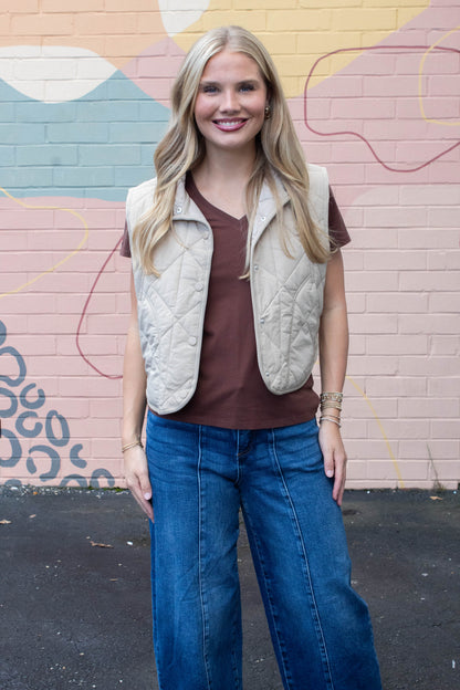  Sara Snap Button Quilted Vest, Khaki