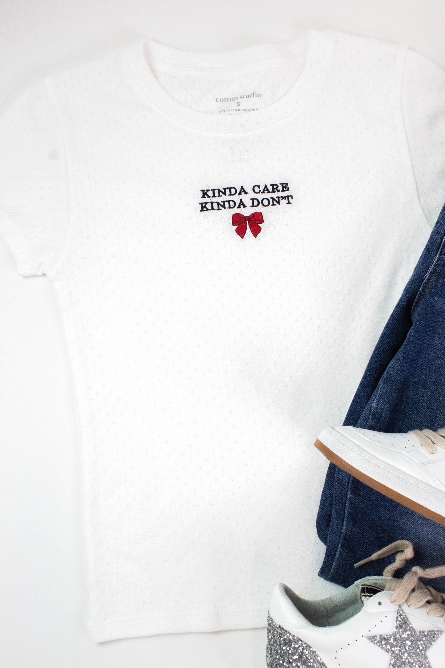  Kinda Care Kinda Don't Pointelle Baby Tee, Off White