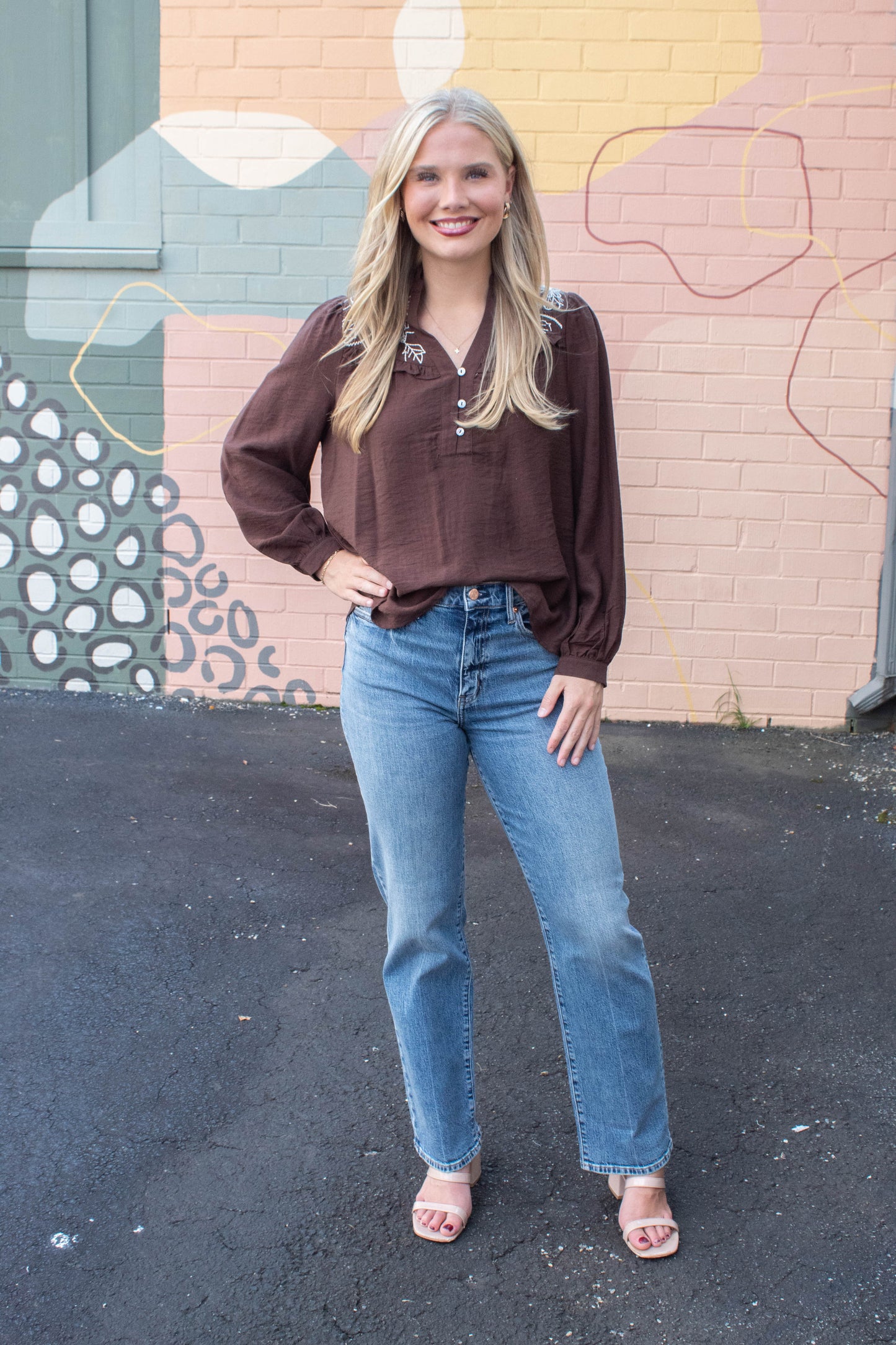  Mary Floral Embroidered Ruffle Neck Top, Brown