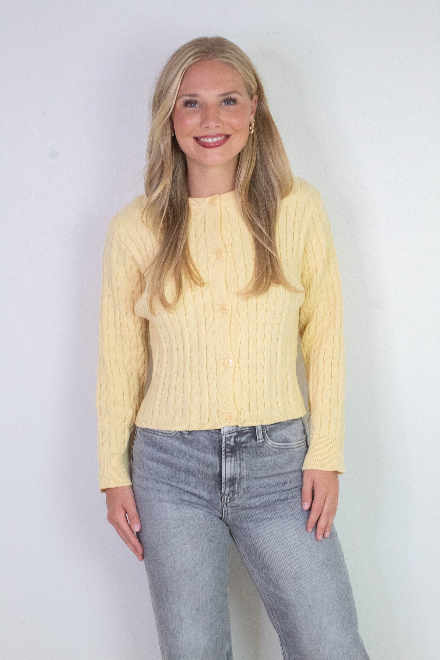  Josephine Cable Knit Boxy Cardigan, Butter