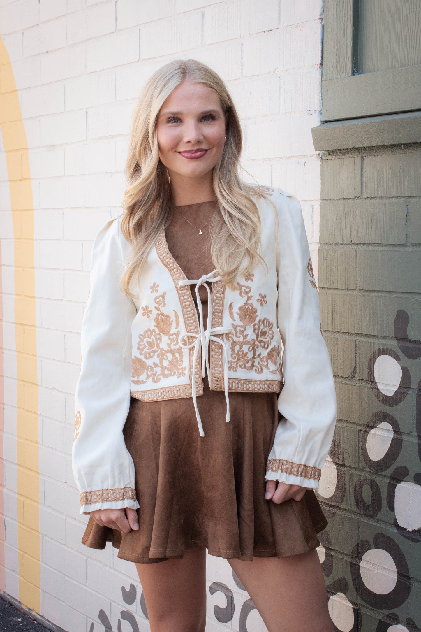  Mia Embroidered Front Tie Jacket, Ecru