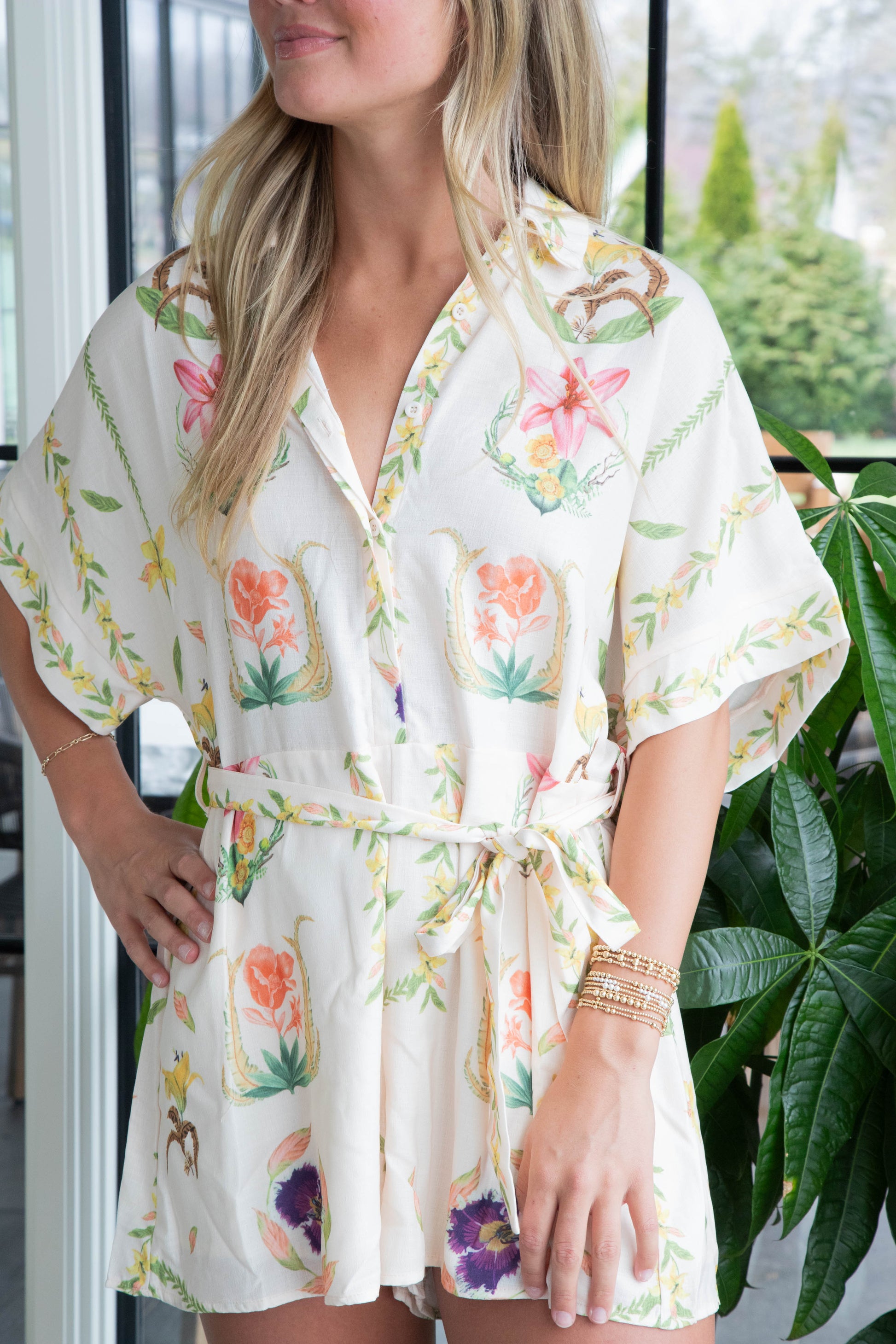  Kayley Floral Shirt Romper, Cream