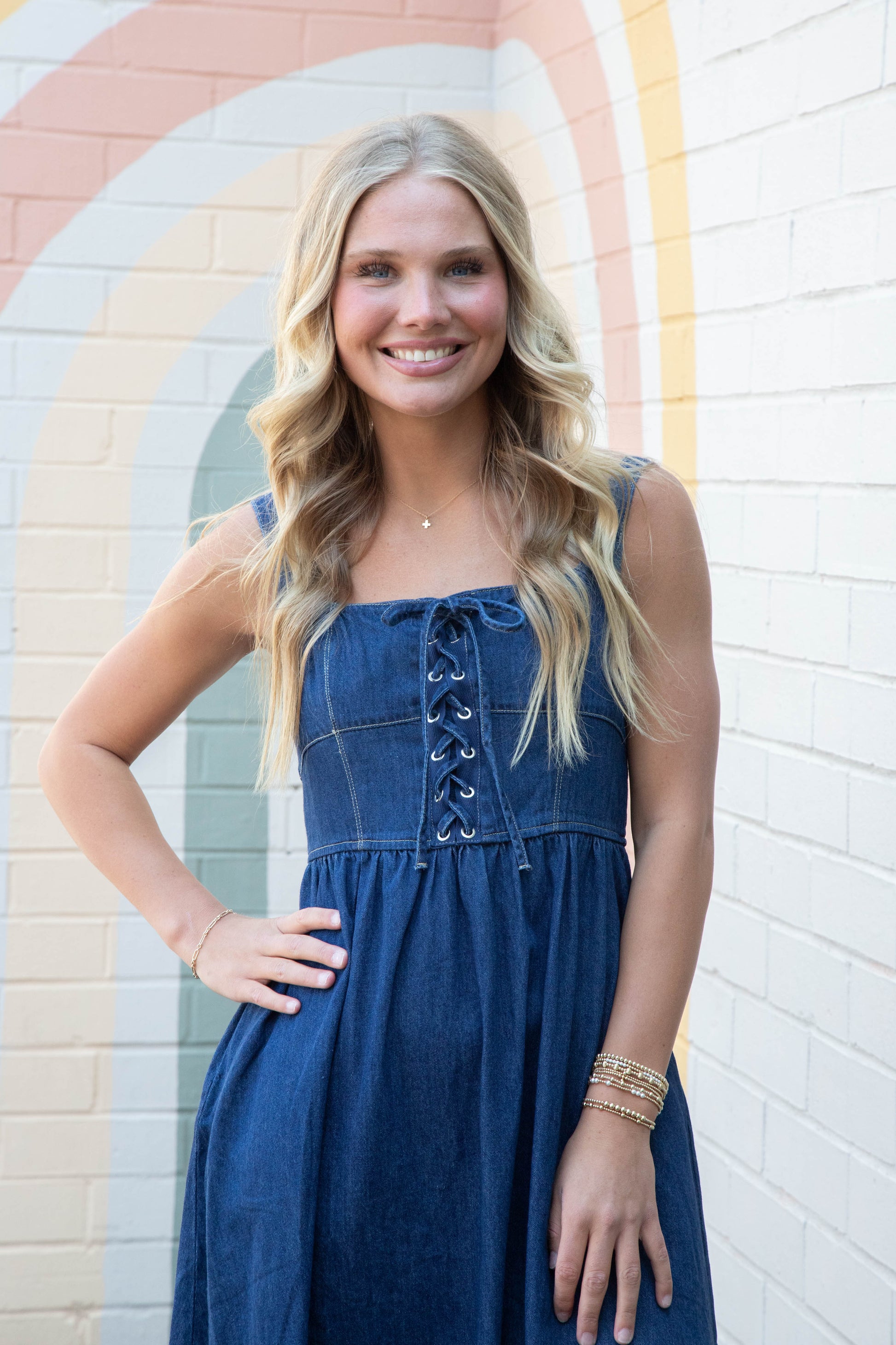  Eliana Lace Up Midi Dress, Denim