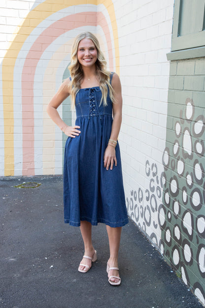  Eliana Lace Up Midi Dress, Denim