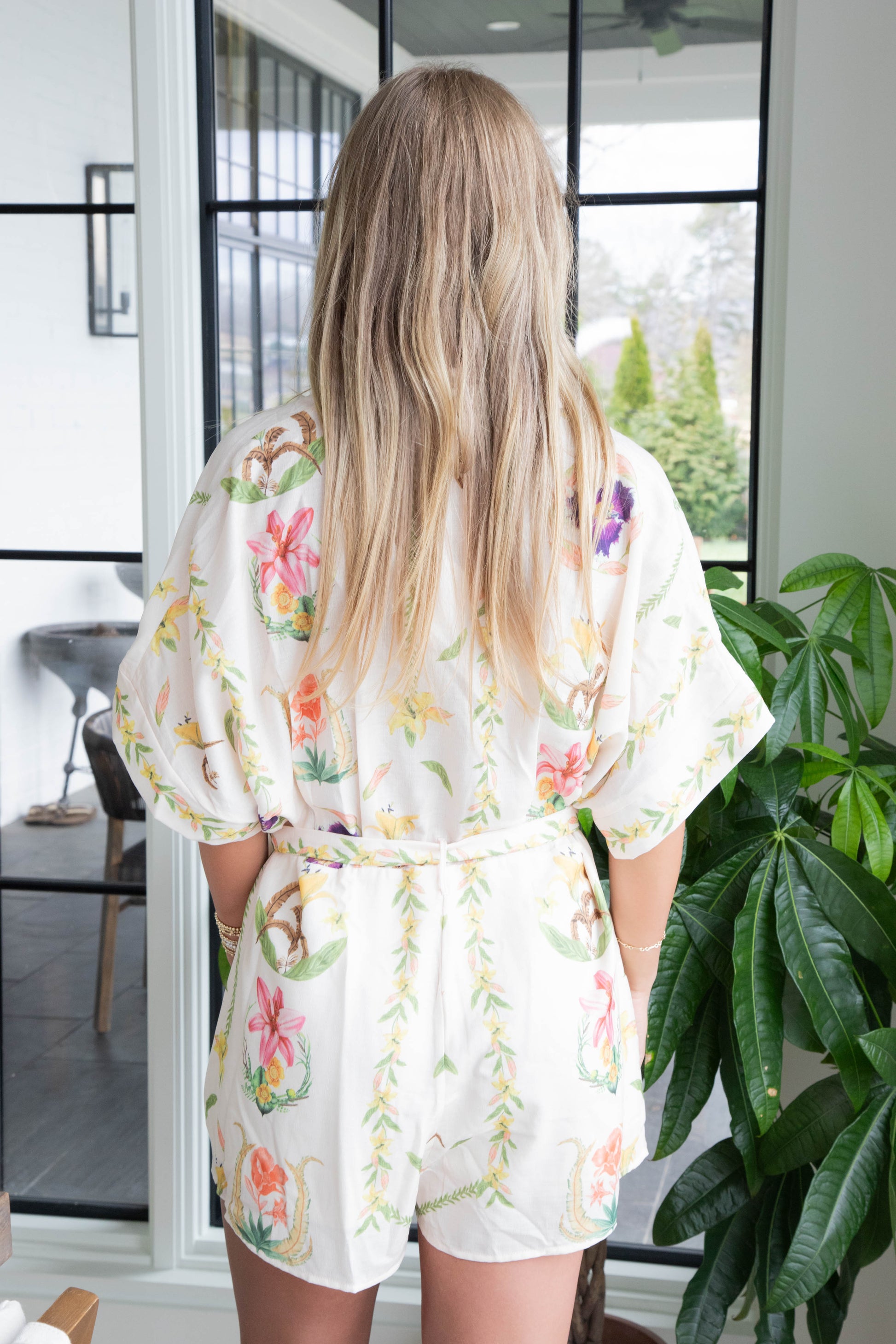 Kayley Floral Shirt Romper, Cream