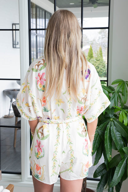  Kayley Floral Shirt Romper, Cream