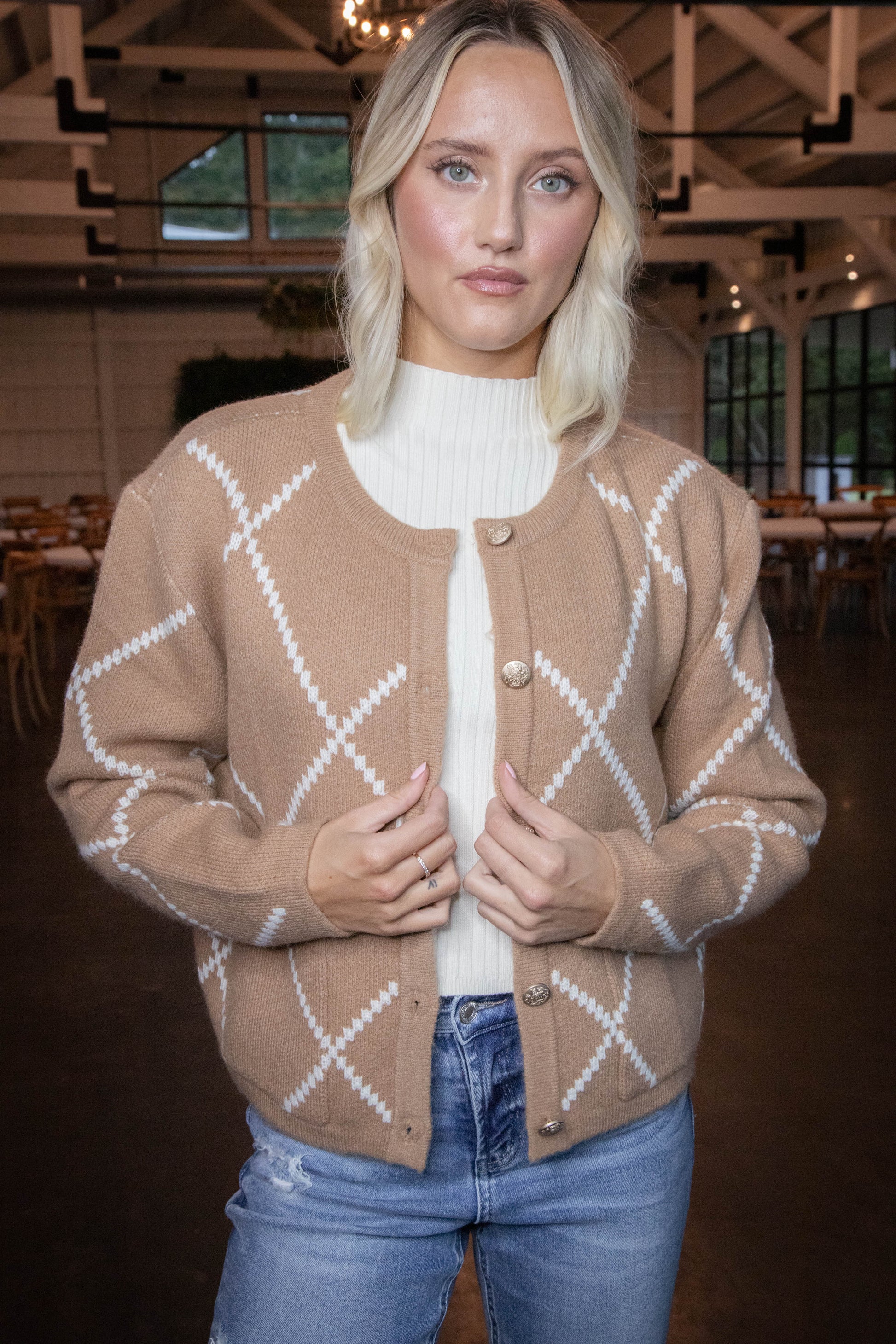  Argyle Thick Knit Cardigan, Brown/Ivory