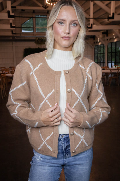  Argyle Thick Knit Cardigan, Brown/Ivory
