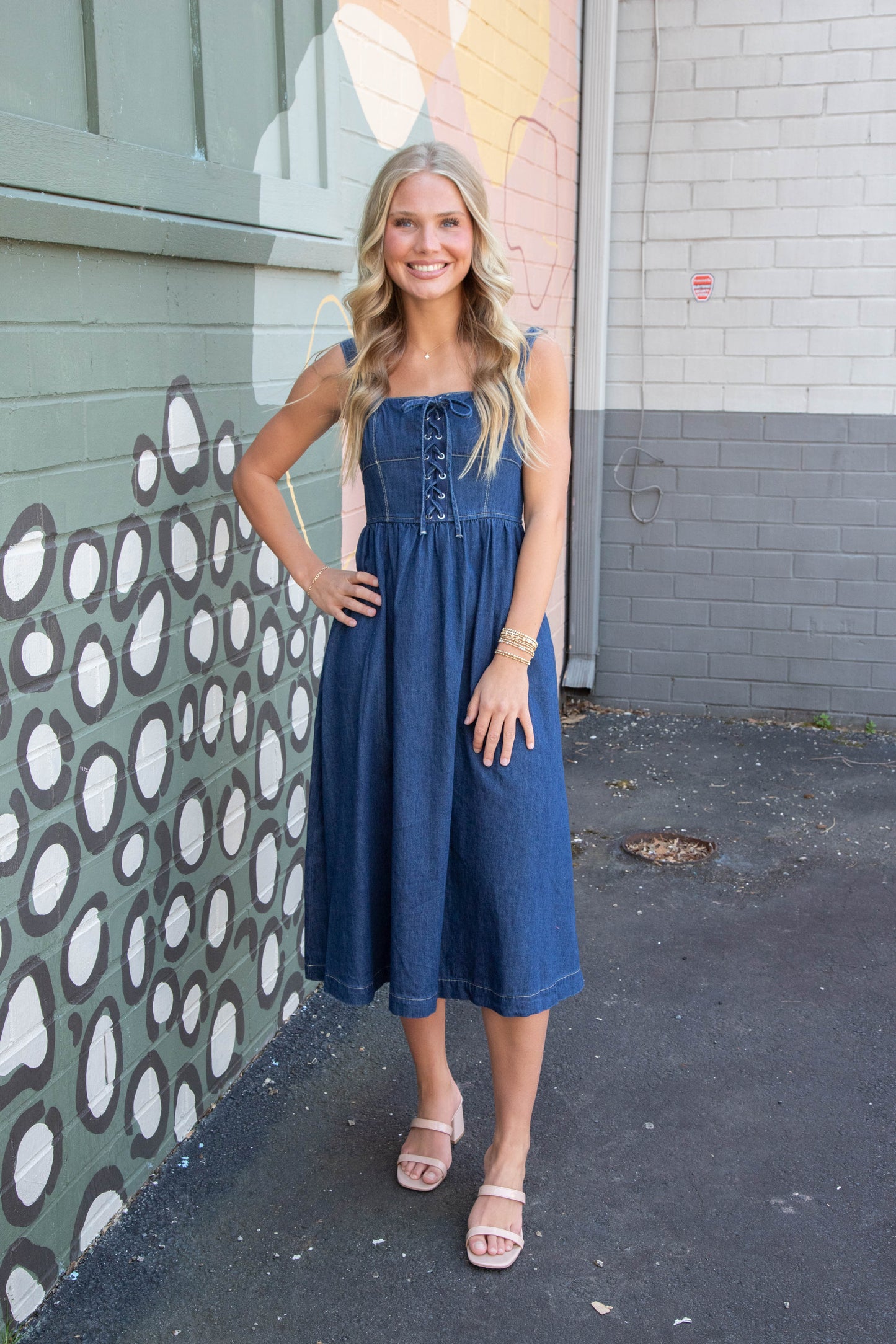  Eliana Lace Up Midi Dress, Denim