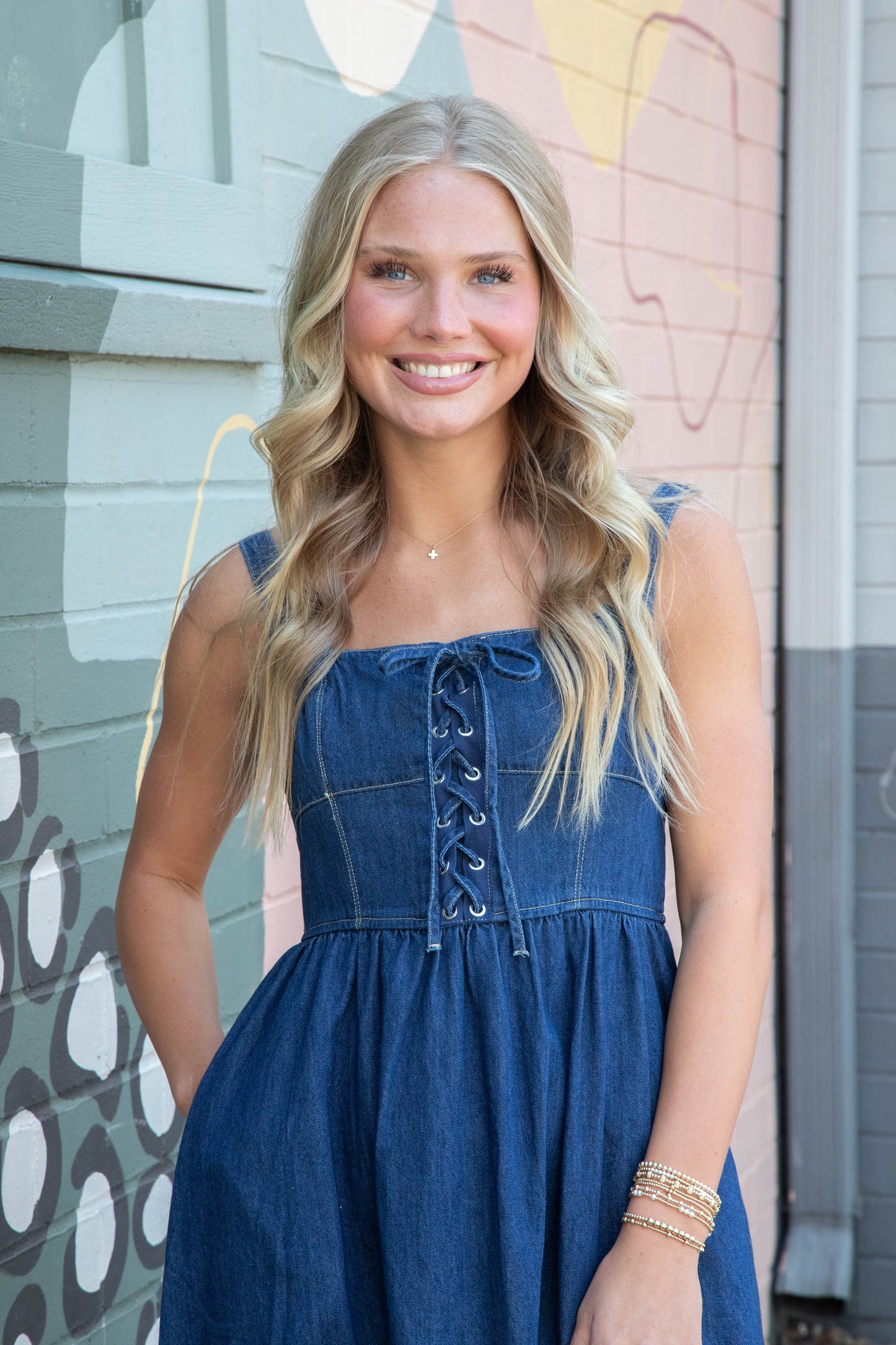 Eliana Lace Up Midi Dress, Denim
