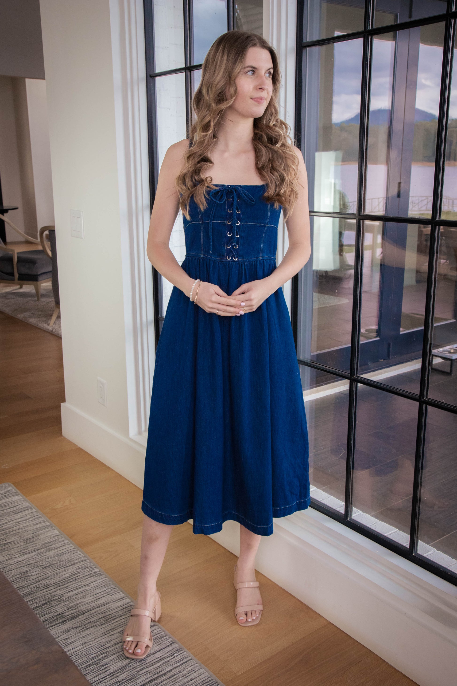  Eliana Lace Up Midi Dress, Denim