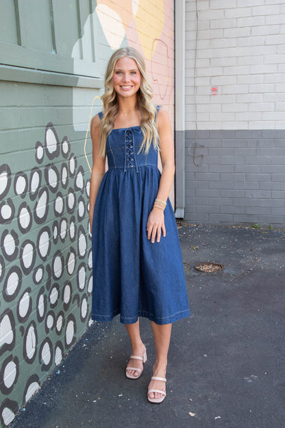  Eliana Lace Up Midi Dress, Denim