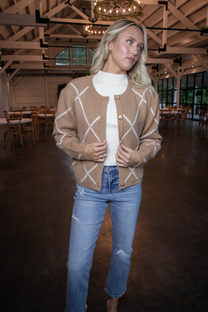  Argyle Thick Knit Cardigan, Brown/Ivory