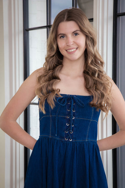  Eliana Lace Up Midi Dress, Denim
