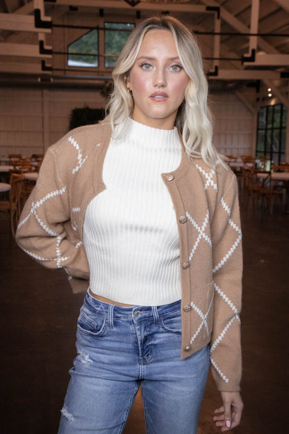  Argyle Thick Knit Cardigan, Brown/Ivory