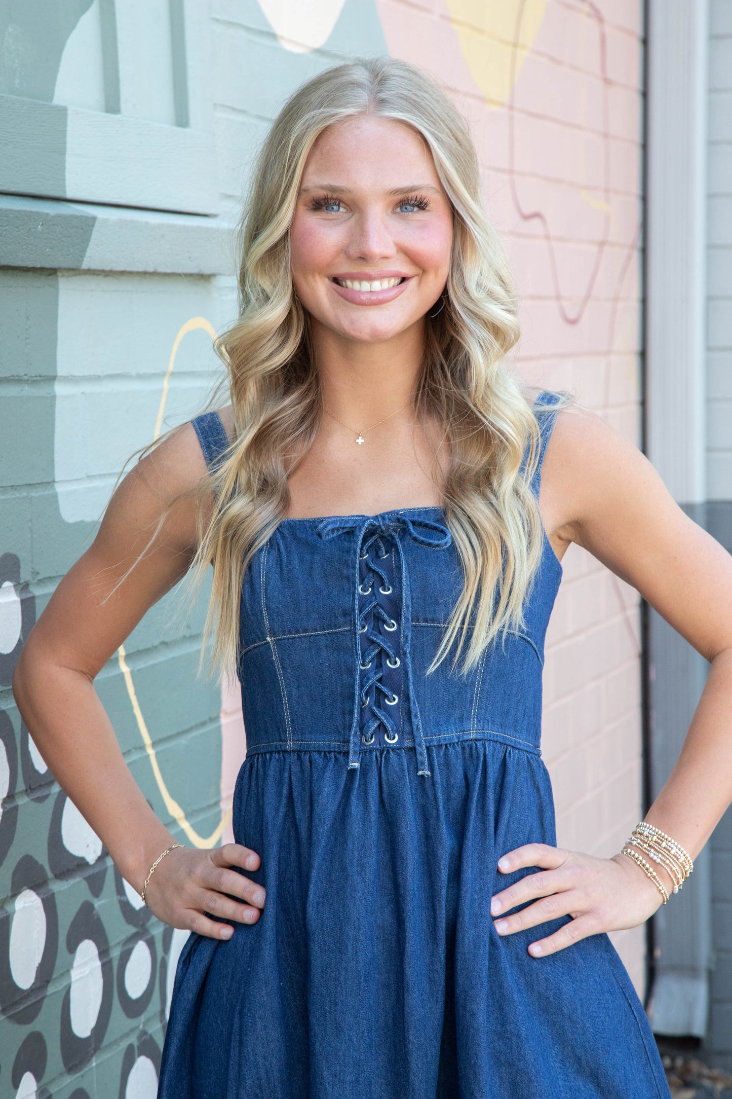  Eliana Lace Up Midi Dress, Denim