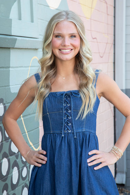  Eliana Lace Up Midi Dress, Denim