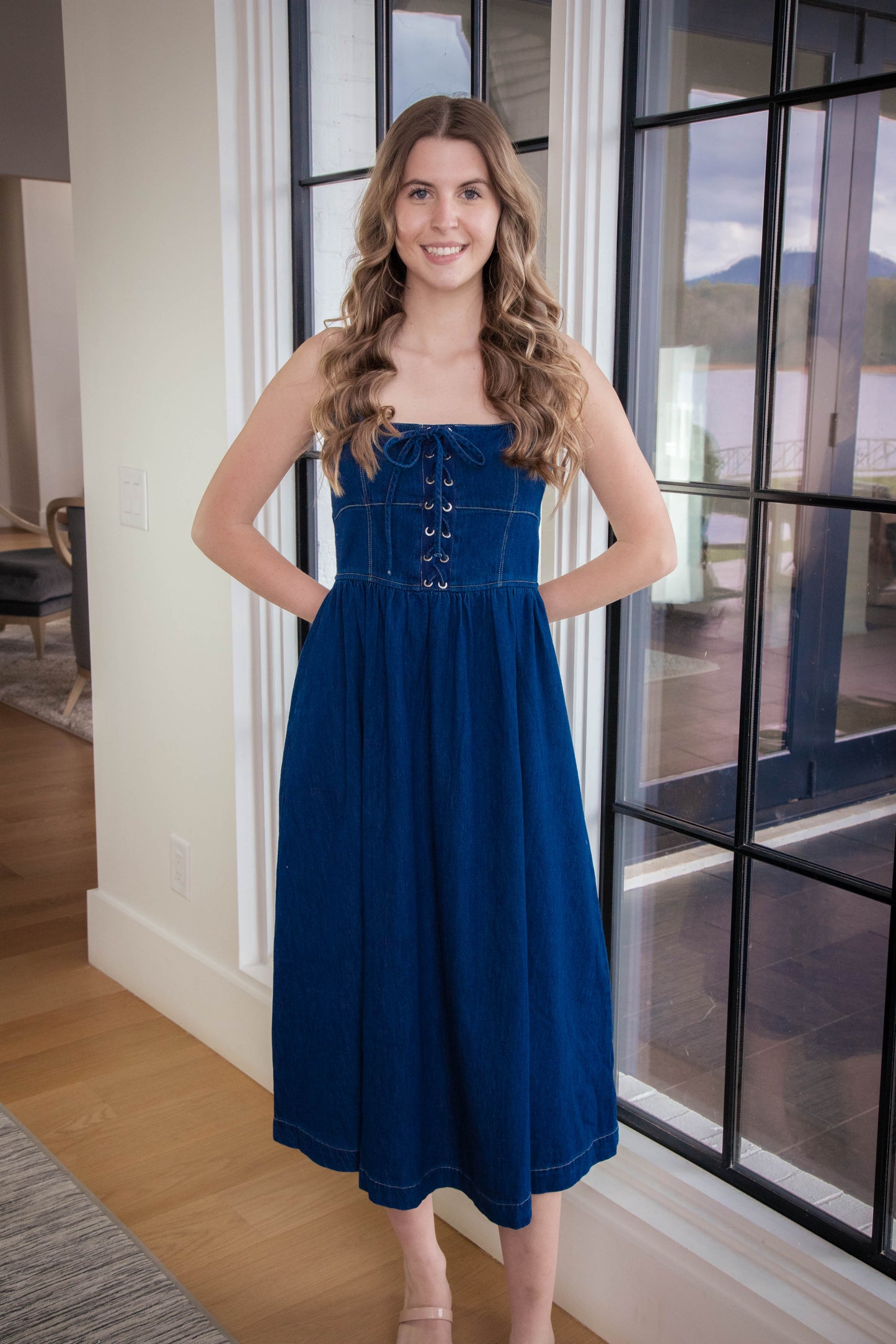  Eliana Lace Up Midi Dress, Denim